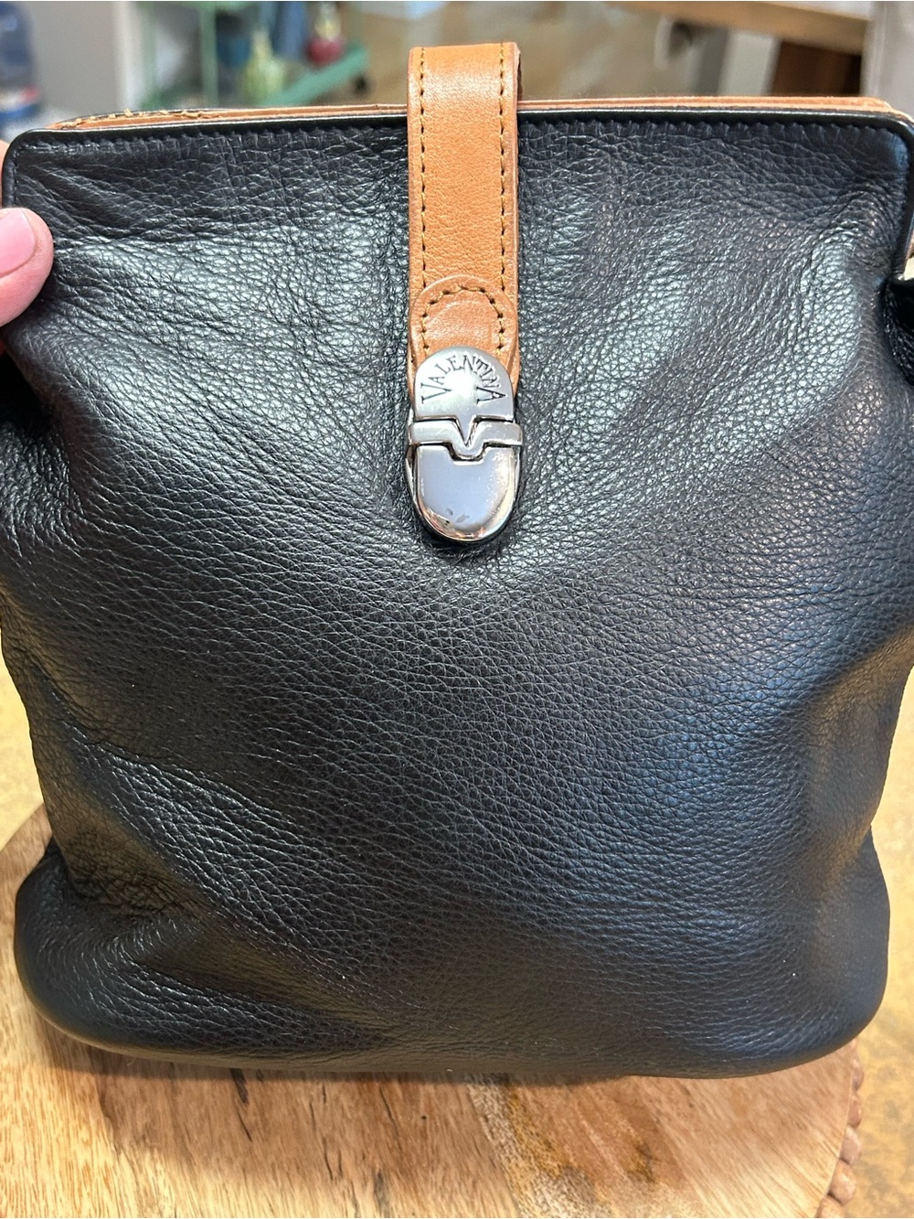 Valentina Leather Bucket Crossbody Bag in Black and Tan - Picture 5 of 16